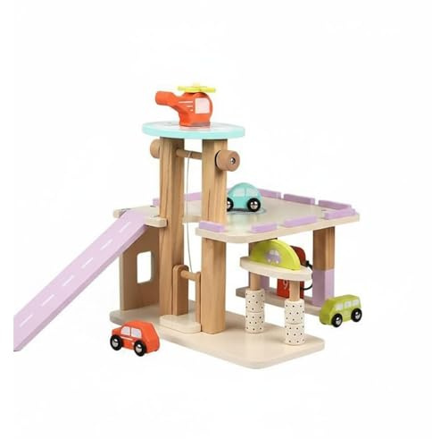PETSOLA Centro de Aparcamiento de Madera Interactivo Juguete Aparcamiento con Ascensor para Niños Pequeños, Guardería, Ylb-estacionamiento