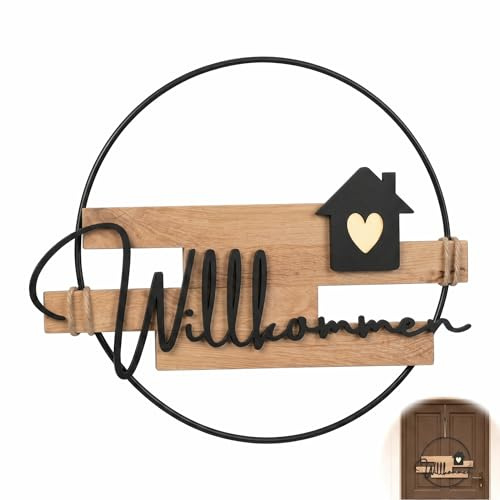 Türkranz Willkommen, Moderner Türschmuck Türschild Begrüßung | Natürlichem Holz Eisen Metall, Ganzjährig Türdeko Haustür für Eingang Garten Frühling Sommer Herbst Winter Elegante