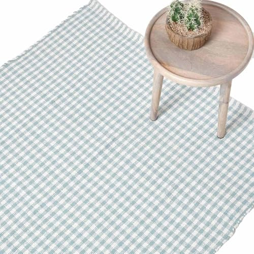 Homescapes Karo-Teppich blau, Flachweb-Teppich 70x120 cm, Baumwoll Landhaus-Karo, Handwebteppich