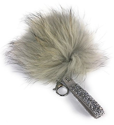 Realkontor XXL Taschenanhänger mit Strass-Stein-Band, Schlüsselanhänger Bommel Pelzbommel Pompon Pelz Fell Echtpelz, Natur-hellgrau, XXL 16-20 cm Durchmesser