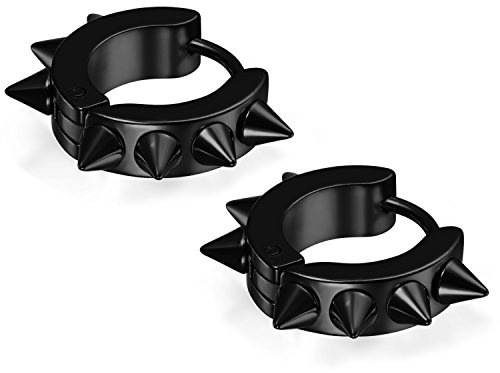 Flongo Men's Womens Punk Black Stainless Steel Goth Rivet Awl Spike Huggies Piercing Hoop Earrings