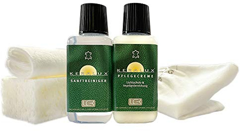 KERALUX 5-teiliges Lederpflegeset für Glattleder | 150 ml Reiniger, 150 ml Pflege, Staubhandschuh, Schwamm, Tuch, Mit Imprägnierung und Lichtschutz