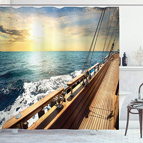 ABAKUHAUS Nautisch Duschvorhang, Yacht auf Meer Sonnenuntergang, Stoffliches Gewebe Badezimmerdekorationsset mit Haken, 175 x 200 cm, Teal Sandbraun