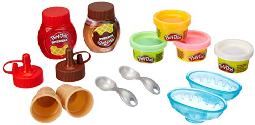 Play-Doh F1190 0 Kitchen Creations Eisbecher Spielset für Kinder ab 3 Jahren mit 2 Drizzle Soßen und 4 Dosen klassischen Farben