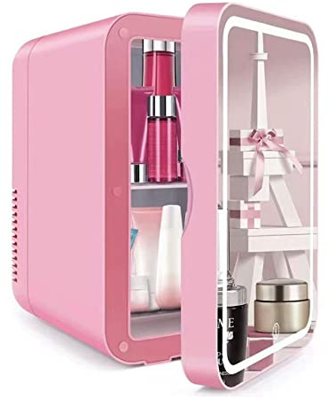 Yadlan Mini Réfrigérateur Cosmétique avec Miroir, 8L Frigo Beauté Personnel avec Éclairage LED, Portable 2 en 1 Refroidisseur Réchauffeur pour Voiture Bureaux Dortoirs étudiants(Color:Rose)