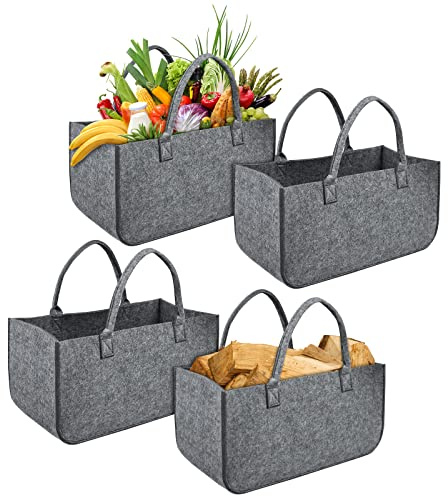 LARS360 Brennholz Tasche 4 Stück, 30 kg Tragetasche aus Filz, Belastbare Multifunktionshandtasche, Hochwertiger Großvolumige Einkaufstasche (Hellgrau)