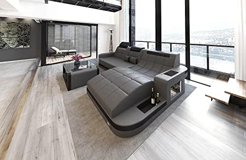Ledersofa Wave L Form Ecksofa Sofa in Leder - mit LED Beleuchtung, verstellbare Kopfstützen, Recamiere/Lederfarben wählbar/Ausrichtung wählbar (Ottomane Links, Grau-Schwarz)