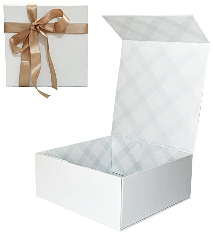 Tekhoho Weiß Geschenkbox 22x22x10cm, Premium Geschenkbox mit Magnetdeckel und Schleife für Feiertage Hochzeit Geburtstag Geschenkverpackung, Kariertes Futter
