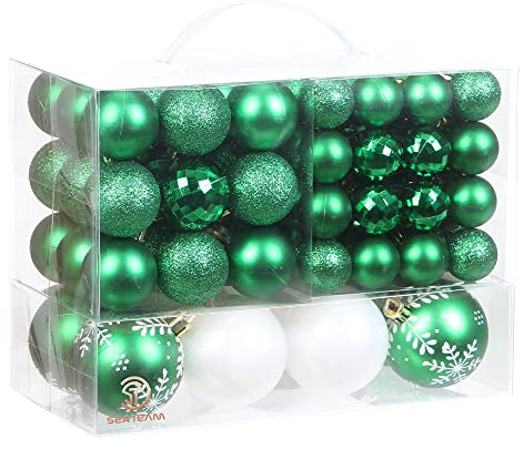 Sea Team 99 Stück sortierte Weihnachtskugel-Ornamente, bruchsicheres, saisonales, dekoratives Hängekugel-Set mit wiederverwendbarem Geschenkpaket für Feiertags-Weihnachtsbaum-Dekorationen, grün