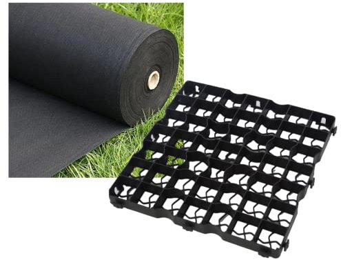 FXDM MEMBRANE INCLUDED - Gravel/Grass Grid Paver Path Base Mat FOR Greenhouse Deck Turf Lawn Shed Garden (60 Grids = 15m²), Black