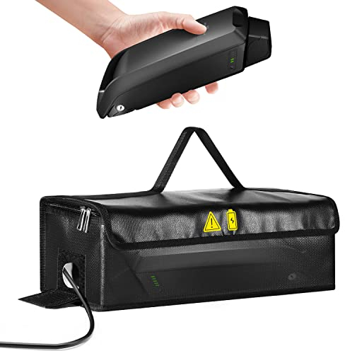 ANZOME Ebike Akku Tasche, Feuerfest bis 1250 °C Akku Tasche wasserdicht & Explosionssicher mit Kabelkanallöchern & Klettverschluss innen, für Lagerung, Transport, Aufladung, 41x12x13cm