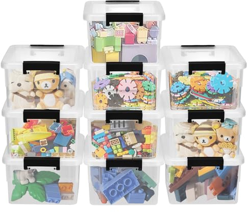 Queta Confezione da 10 scatole portaoggetti con coperchio, in plastica trasparente, impilabili, per scaffali, giocattoli, scatole con manici, contenitore con chiusura a scatto, 1 litro