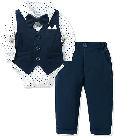 Amissz Costume Neonato Bambino, Bimbo Completo Abiti da Battesimo Matrimonio Maniche Lunghe Camicia Body + Gilet e Pantaloni Blu navy 3-6 mesi