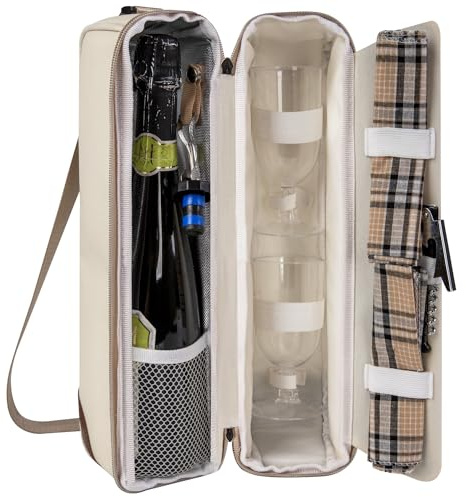 ALLCAMP Wine Tote Bag with Cooler Compartment，Picnic Set Carrying Two Sets of Tableware（Cream-Colored）