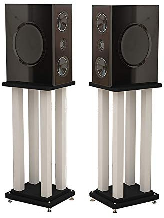 Pieds d'Enceintes Une Paire de Supports d'enceintes Lourds, Colonne en métal Blanc à Quatre Montants + Base en Bois à Double Couche, Peut contenir des Enceintes Satellites et de Petites étagères (ta