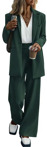 KIRUNDO Women Suits 2 Piece Set Business Casual Dressy Oversized Blazer Jacket and Wide Leg Dress Pantsuits Formal Outfits(Dark Green, Large)
