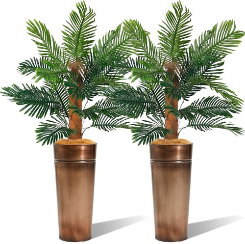 KOL 6FT 2-PACK Artificial Palm Tree with Galvanized Steel Bronze Tall Planter, Realistic Fake Silk Faux Tropical Areca Plants, Dypsis Lutescens Plants, Elegant Home Office Porch Indoor Outdoor Decor