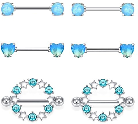 Rajnard Acero Quirúrgico Pezón Bares 14G 16mm Pezón Piercing Joyería Stainles Acero Recto Barbell Pezón Anillos Mujeres Piercing Corazón CZ Mariposa Flor Cuerpo Piercing Joyería Azul