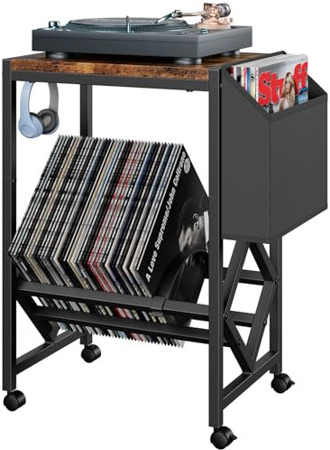COWISH Record Player Stand Vinyl Record Player Table with Storage Hold 80 Albums Turntable Stand with Organizer Pocket and Wheels