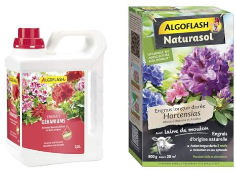 Algoflash Engrais Géraniums et Toutes Fleurs de Balcon, Bouchon Doseur Inclus, 2,5 L, ALIBAC2500N & ALGOFLASH NATURASOL Engrais Hortensias, Rhododendrons et Azalées, Longue durée 5 mois, Jusqu'à 20 m²