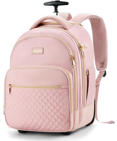 Arcoyard liten rullande ryggsäck för kvinnor, lätt reseryggsäck med hjul, konvertibel handbagage, Rosa, 15.6 inch, Rullande ryggsäck handbagage