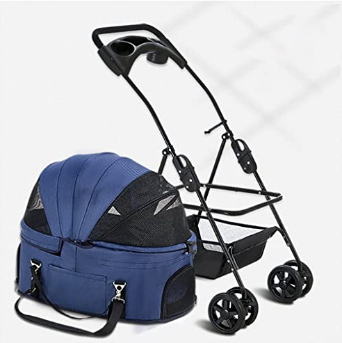 Hundebuggys, Kinderwagen für kleine und mittelgroße Hunde/Katzen, Haustier-/Katzen-/Hundebuggy, Kinderwagen, abnehmbarer Tragetrolley mit Getränkehalter, Regenschutz (schwarz) (blau)
