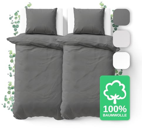 JACOBSON Bettwäsche 135x200 Set - 100% Baumwolle - 2 Bettbezüge 135x200 cm + 2 Kissenbezüge 80x80 cm, Perkal Bettwäsche 4-teilig mit Reißverschluss (135x200cm, Anthrazit, 4-teilig)
