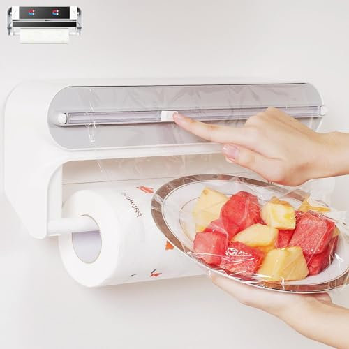 Quasziwa 2-in-1 Folienschneider mit Küchenrollenhalter – Magnetischer Wandrollenhalter Küche für Alufolie & Frischhaltefolie – Einfache Montage, Saubere Schnitte und Platzsparendes Design, Weiß