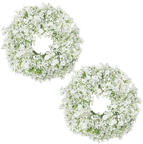 Oairse 2Pcs Small Artificial Gypsophila Wreath 10 White Gypsophila Wreaths for Front Door Faux Baby Breath Flowers Wreath Flora Candle Ring for Home Office Indoor Outdoor Tabletop Decor