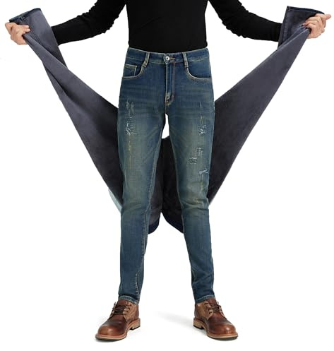 ziilay - Pantalones vaqueros acolchados para hombre – Jeans termo con forro de felpa, estilo cálido, roto, parcheado, denim, cómodo, corte cónico, slim fit, streetwear, 31W / 32L