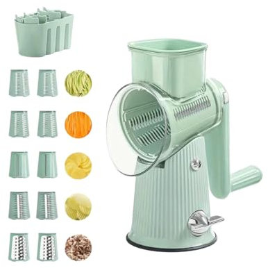 LoveFirst Käsereibe mit Kurbel, Gemüseschneider mit 10 Auswechselbaren Klingen, Aufbewahrungsbox, Starke Saugwirkung Trommelreibe Ideal für Kartoffeln, Käse, Gurken, Karotten, Nüsse usw （Grün）