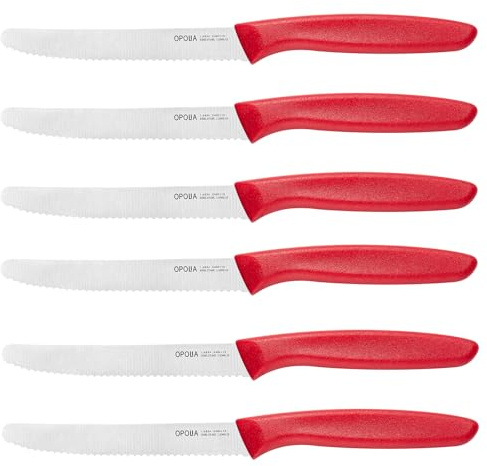 OPOLIA Rotes Brotmesser, 6er-Set, gezackte Klinge, Tomatenmesser | FrüHstüCksmesser ,Hochwertiges Edelstahl Tafelmesser Gezackte Klinge,Restaurant&Haushalts Scharfe Messer Set