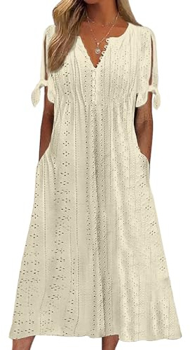 CheChury Vestidos Casual Mujer Verano Vestido Largos Vestido de Playa Cuello en V Boho Vestido Verano Bohemio Sueltos Vestidos A-Line con Bolsillos Manga Corta Vestido Vacaciones Vestido Elegante