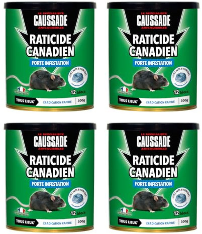 CAUSSADE Raticide Canadien - Anti Rats - Efficacité Radicale – Tous Lieux – 12 Appâts Blocs Pâtes Flocoumafen - Prêt à l'emploi - Une Ingestion Suffit - Fabriqué en France – 300g CARPT300 (4)