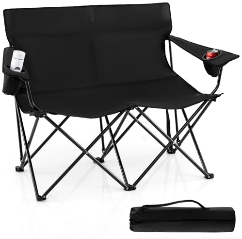 TANGZON Double Camping Chair, 300KG Capacity Folding Outdoor Loveseat with Armrests, Cup Holder & Carrying Bag, Portable Picnic Camp Chair for Patio BBQ Fishing (Black)