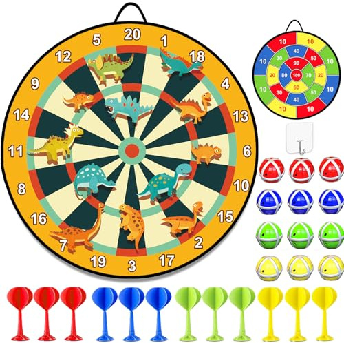 Spiele ab 3 4 5 6 Jahren, 76CM Kinder Doppelseitige Klett Dartscheibe mit 12 Klebrigen Bällen und 12 Darts, Dinosaurier Spielzeug ab 4-9 Jahre Drinnen und Draußen Wurfspiel Set Groß und Klei Geschenk