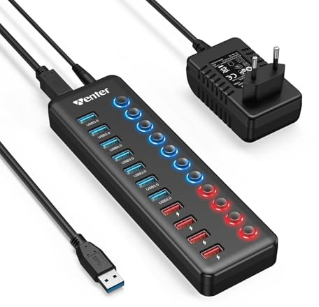 USB Hub mit Netzteil 36W, WENTER 11 in 1 USB Hub Aktiv 3.0, USB Hubs Aktiver Mit 1 Intelligenter Charging Port und 12V/3A Netzteil Adapter, 7 USB 3.0 Ports und 4 Ports Schnellladegerät