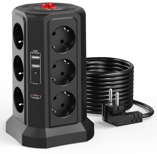 Mehrfachsteckdose mit USB 12Fach Steckdosenleiste HAFINO Steckdosenturm mit USB(1 USB-C PD20W) 4000W/16A Mehrfachsteckdose mit Schalter Verteilersteckdose 2M Kabel Steckdosenleiste für Büro und Heim