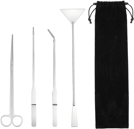 Aquarium Aquascape Tools Kit, 4 in 1 Anti-Rust Aquatic Plant Aquascaping Tool Stainless Steel Long Tweezers Scissors Spatula Tool Set for Aquarium Plants Clean Fish Tank (with Storage Pouch)