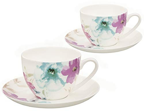 Buchensee Kaffeetassen, Teetassen Set aus Fine Bone China Porzellan. 2 Kaffeetassen je 210ml und 2 Unterteller, Blumenmuster