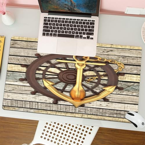 QRFASFZO Tapis de Souris Gaming - 30x80 cm - Tapis de Souris Esports - Ne Glisse jamais - Couverture complète du Bureau - Logo Maritime Classique, Ancre dorée, décorée de Roues de Bateaux en Bois rus