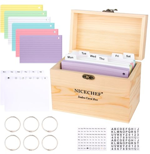 NICECHEF Index Card Holder 4x6, Wooden Recipe Box with 300 PCS Flash Cards Card Organizer,12 White Dividers, 6 Metal Rings, 2 Sticker, for Office, Business, Flashcard Notecard Holders for Home Office