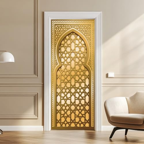 arricraft 2 calcomanías autoadhesivas para puerta, 31.5 x 78.7 pulgadas, elegantes murales de puerta con textura de celosía dorada, calcomanías de PVC extraíbles para decoración de dormitorios y sala