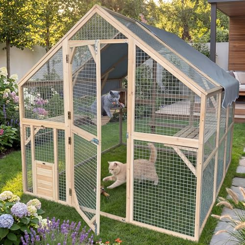 Katzengehege Outdoor XXL – Katzenauslauf und Freilaufgehege für Garten | Massives Holz, 2 mm verzinktes Stahlgitter, begehbar durch große Tür, wetterfest, inkl. Schutzhäuschen, auch für Terrasse
