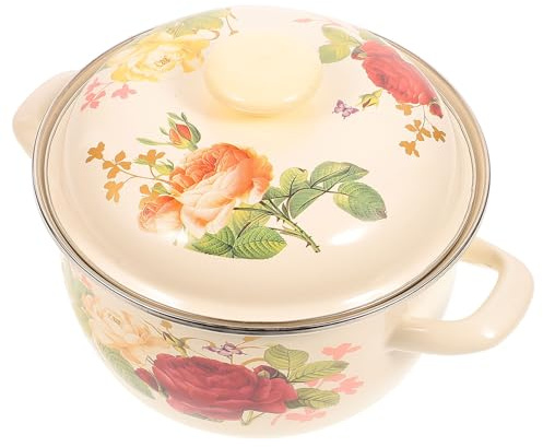 SHINEOFI Vintage 20Cm Enamel Cooking Pot with Lid, Double-Handle Household Stew Pot for Soup and Stewing, Thickened Wear-Resistant Stockpot Suitable for Kitchen and Portable Use