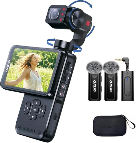 ORDRO Caméra de poche 4K 60FPS - Stabilisation à 3 axes - Suivi du visage - Écran tactile de 3,5 - Objectif rotatif à 180° - Caméra de poche avec support micro externe (M5 avec microphone)