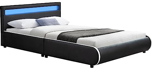 Juskys Polsterbett Sevilla 140x200 cm mit LED Beleuchtung, Lattenrost & Kopfteil - Holz & Kunstleder - 16 Farbeinstellungen & Fernbedienung - Bett Jugendbett Einzelbett - Schwarz