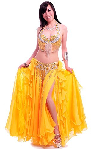 ROYAL SMEELA Bauchtanz-Kostüm-Set für Frauen, Bauchtanz-BH und Gürtel, Chiffon-Röcke, professionelles Outfit, 3-teilig - Gold - Groß