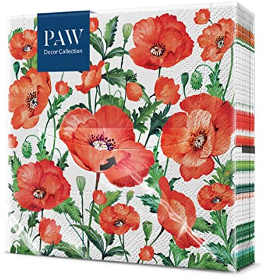 PAW Toalla de papel 3 pliegues | 33 x 33 cm - 20 piezas | Toalla de mesa de papel ideal para los días de puertas abiertas, fiestas familiares, fiestas entre amigos (Flanders Poppy)