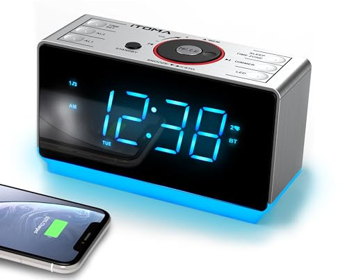 iTOMA Alarm Clock Radio with Bluetooth Speaker, FM Radio, Dual Alarm with Snooze, Large LED Display, Dimmer Control, USB Charging Output and Night Light CKS708